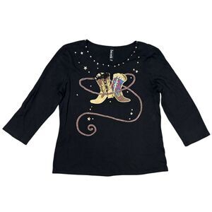 Western Y2K Shirt Cowboy Boots Rodeo Embroidered Studded Embellished Fringe Sz L